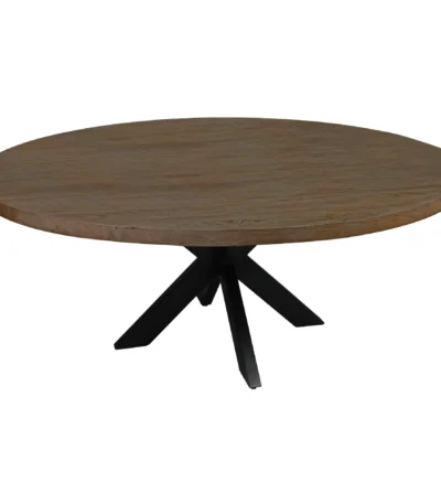 72 inch round dining table with gray beige solid wood top and black iron pedestal base in a dining room setting