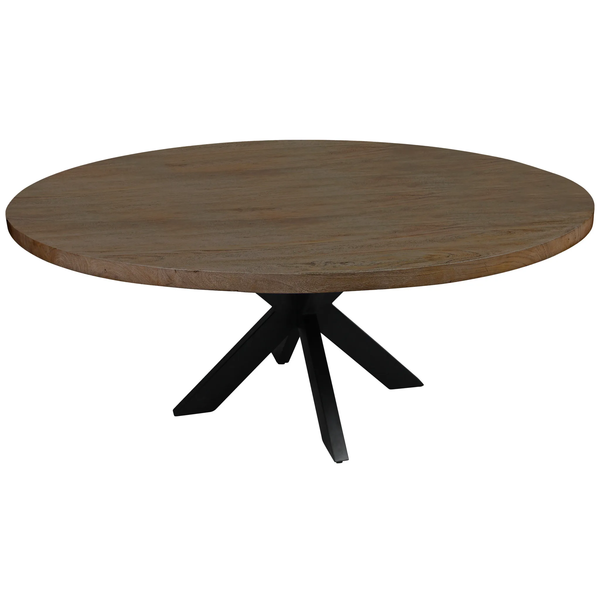 H870179950e4648249075d43c6550189cd.webp 72 inch round dining table with gray beige solid wood top and black iron pedestal base in a dining room setting