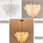 Vintage gold chandelier hanging over a dining table with warm glow