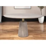 54 inch brown and gold pedestal dining table with solid wood top and metal base, perfect for small dining rooms