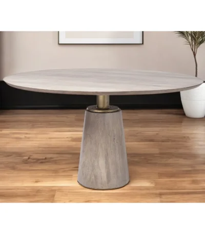 54 inch brown and gold pedestal dining table with solid wood top and metal base, perfect for small dining rooms