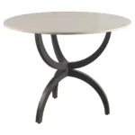 Goldoma 40 inch round marble dining table with black metal three-leg base in a modern dining room setting