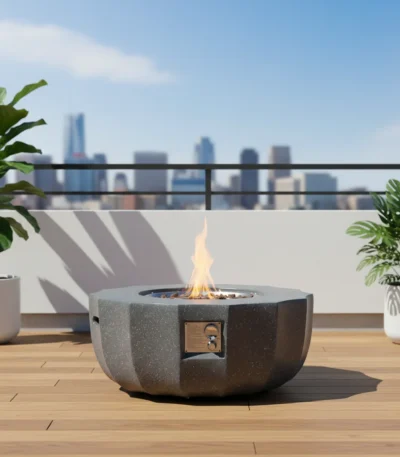 Eco-friendly petal-shaped propane fire bowl with blue flames on patio