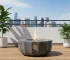 Eco-friendly petal-shaped propane fire bowl with blue flames on patio