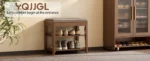 Mid-century shoe storage bench with memory foam cushion and hidden drawer in natural wood finish