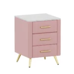 Modern upholstered nightstand with 3 drawers and metal legs in bedroom setting