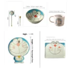 Japanese ceramic dinnerware set with hand-drawn cat design on blue rectangular plate and bowl