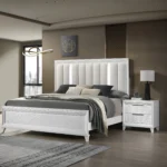 Goldoma queen LED bed set with white upholstered headboard and two nightstands in modern bedroom