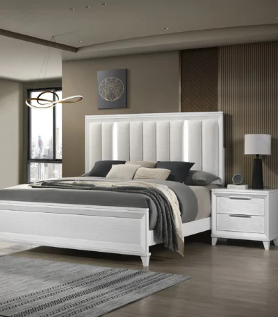 Goldoma queen LED bed set with white upholstered headboard and two nightstands in modern bedroom