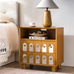Two drawer nightstand with mirrored front and open shelf in natural wood finish, minimalist design for bedroom storage
