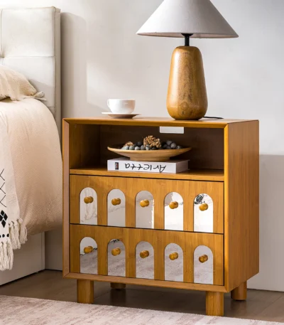 Two drawer nightstand with mirrored front and open shelf in natural wood finish, minimalist design for bedroom storage