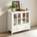 Buffet Storage Cabinet with Double Glass Doors and Unique Bell Handle, 1 Drawer White MDF Freestanding Sideboard - Image 2