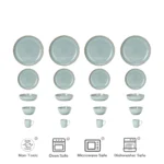 20 piece grey stoneware dinner set with plates and bowls on wooden table