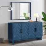 Retroy Vintage 60" Navy Blue Solid Wood Credenza Cabinet 4-Door M-Shaped Panel Buffet with Traditional Design for Dining - Image 6