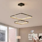 Modern Black 2-Ring LED Chandelier, Dimmable Rectangular Pendant Light for Dining Room, Kitchen Island, Living Room, Hallway