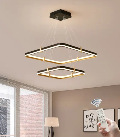 Modern Black 2-Ring LED Chandelier, Dimmable Rectangular Pendant Light for Dining Room, Kitchen Island, Living Room, Hallway