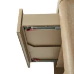 Two-drawer rattan nightstand with natural wood finish and open shelf in bedroom
