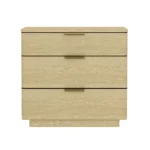 Natural oak nightstand with 3 drawers in a modern bedroom setting
