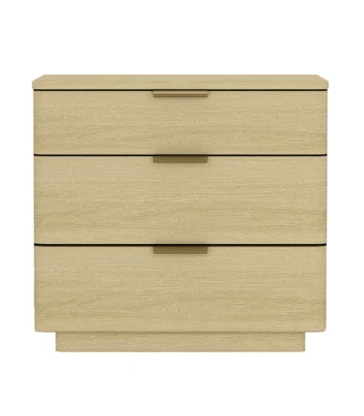 Natural oak nightstand with 3 drawers in a modern bedroom setting