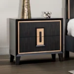 Modern espresso nightstand with gold trim and wooden finger pull drawers