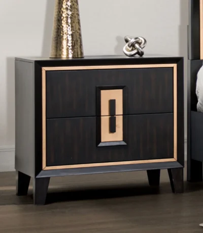 Modern espresso nightstand with gold trim and wooden finger pull drawers