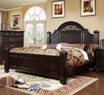 Goldoma Eastern King Size solid wood bed with dark walnut finish and formal floral carved headboard