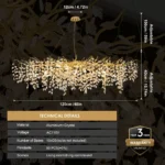 Modern crystal chandelier with gold leaves and clear crystals in a luxury living room