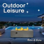 Rectangular MgO propane fire pit table with glowing flames on a patio