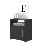 Modern black nightstand with one cabinet and open shelf, compact bedside storage for bedroom