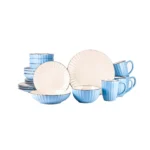Elegant stoneware dinner set for 4 with embossed pattern on a wooden table