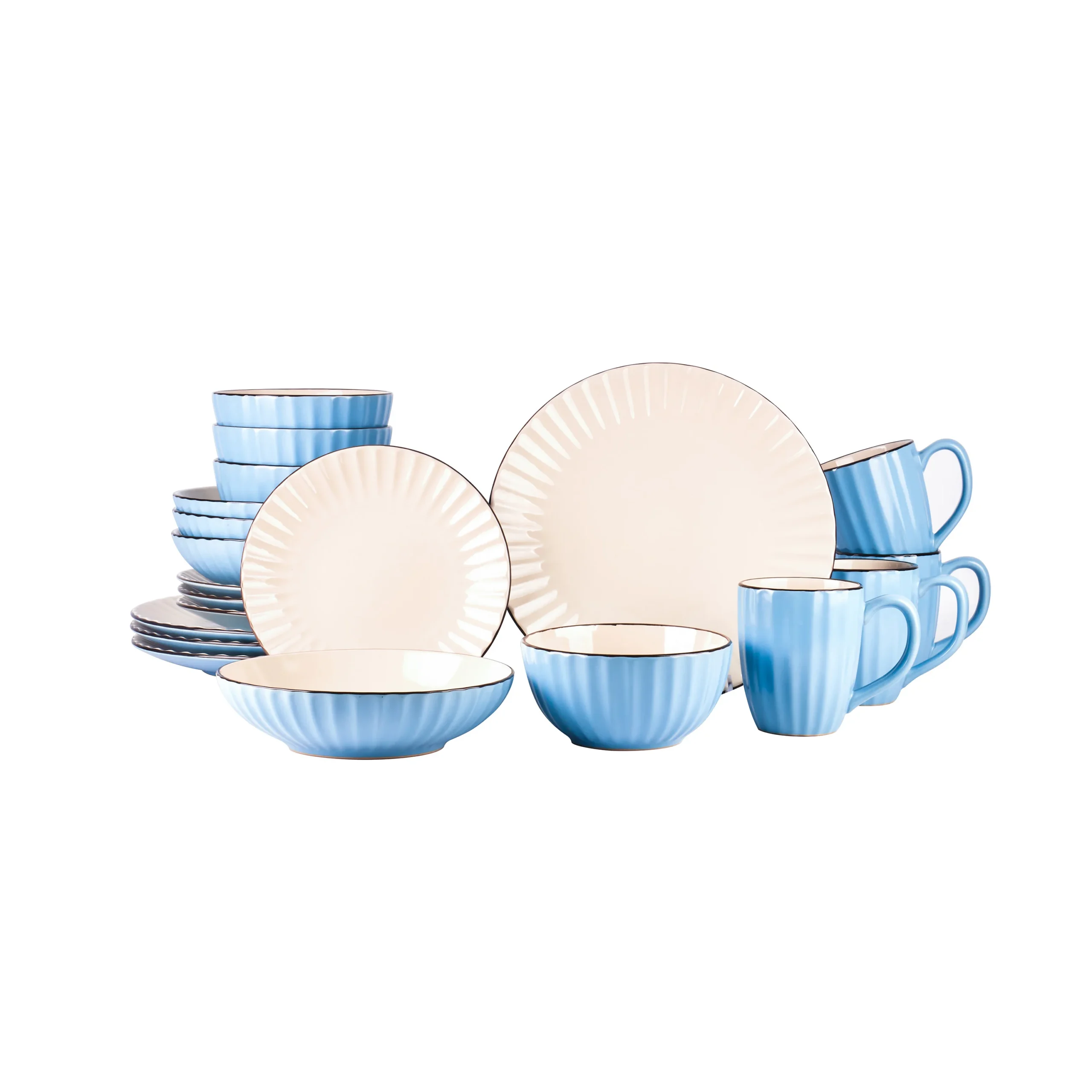 Elegant stoneware dinner set for 4 with embossed pattern on a wooden table