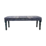47-inch upholstered bench with blue and cream abstract pattern and blue legs in a living room