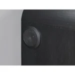 Black and white nightstand with cooler and Bluetooth speaker featuring modern design, blue LED lighting, and grooved front panel