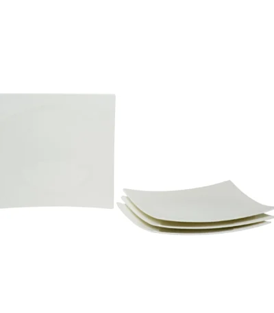 White porcelain plate set with elegant square design on a wooden table