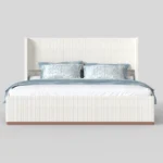 Goldoma queen size solid wood upholstered bed frame with cream corduroy wingback headboard in a modern bedroom