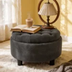 Goldoma round tufted storage ottoman in beige fabric with removable top and hidden storage compartment