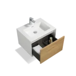 24 inch floating bathroom vanity with white resin sink mounted on a modern tile wall