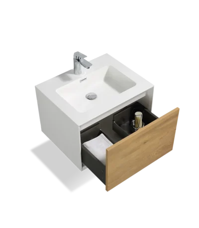 24 inch floating bathroom vanity with white resin sink mounted on a modern tile wall