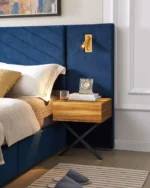 Queen size modern adjustable velvet bed frame with vertical channel tufted wingback headboard in a stylish bedroom setting