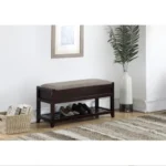 Goldoma Rouen bench with shoe storage in espresso and gray fabric, featuring a lift-up seat and lower shelf
