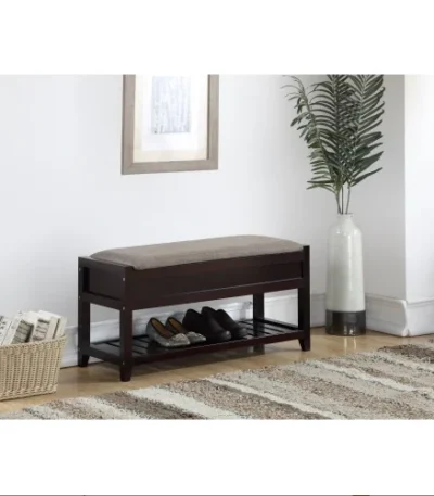 Goldoma Rouen bench with shoe storage in espresso and gray fabric, featuring a lift-up seat and lower shelf