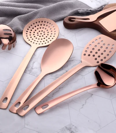 1PC Stainless Steel Non-Stick Rose Gold Kitchenware Long Soup Spoon Cooking Tools Metal Polish Mini Fork Slotted Turner