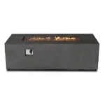 Rectangular propane fire pit table with flames on a patio