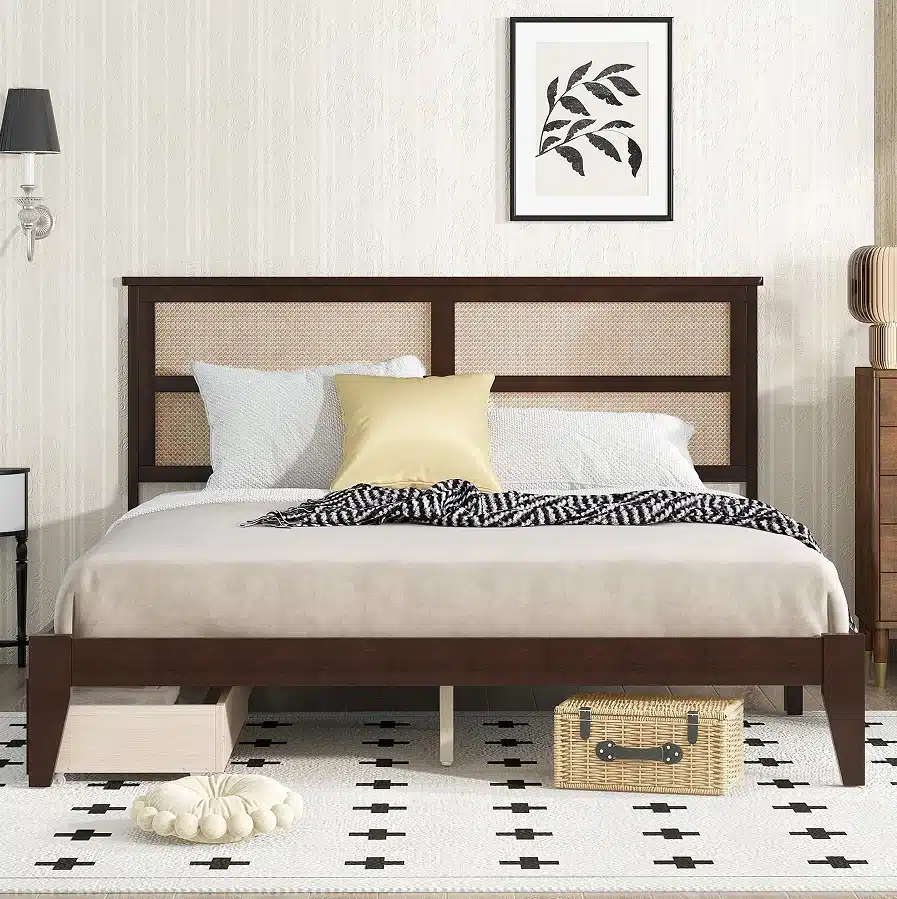 Goldoma King Size Adjustable Bed with Rattan Headboard and Storage Drawers