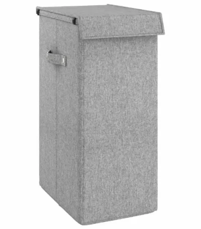 W2B VidaXL Foldable Laundry Hamper 10.2x13.6x23.4" Faux Linen Fabric Durable Plastic Metal Hinges for Bathroom Clothing
