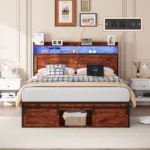 Goldoma queen bed frame with storage headboard, charging station, and LED lights in a modern bedroom setting