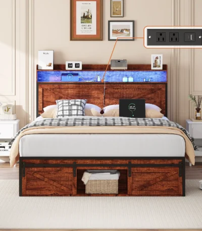 Goldoma queen bed frame with storage headboard, charging station, and LED lights in a modern bedroom setting
