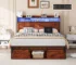 Goldoma queen bed with storage headboard, LED lights, and charging station in a modern bedroom