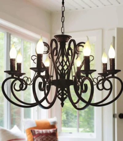 8-Light French Country Chandelier, Industrial Vintage Black Iron Pendant Light Fixture for Kitchen Island, Dining Room,