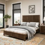 Goldoma modern queen platform bed with tall upholstered headboard in chenille fabric, solid rubberwood construction